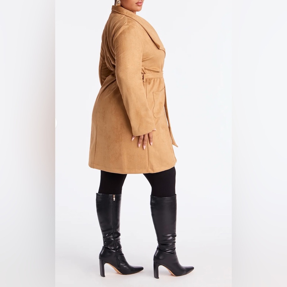 Tan Faux Suede Collar Belted Front Pocket Trench Coat - Picture 11 of 11